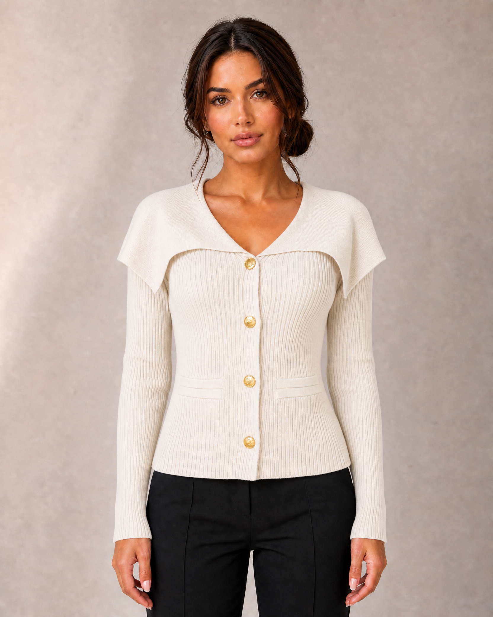 Women's Ribbed Cape-Collar Button Cardigan in Cream