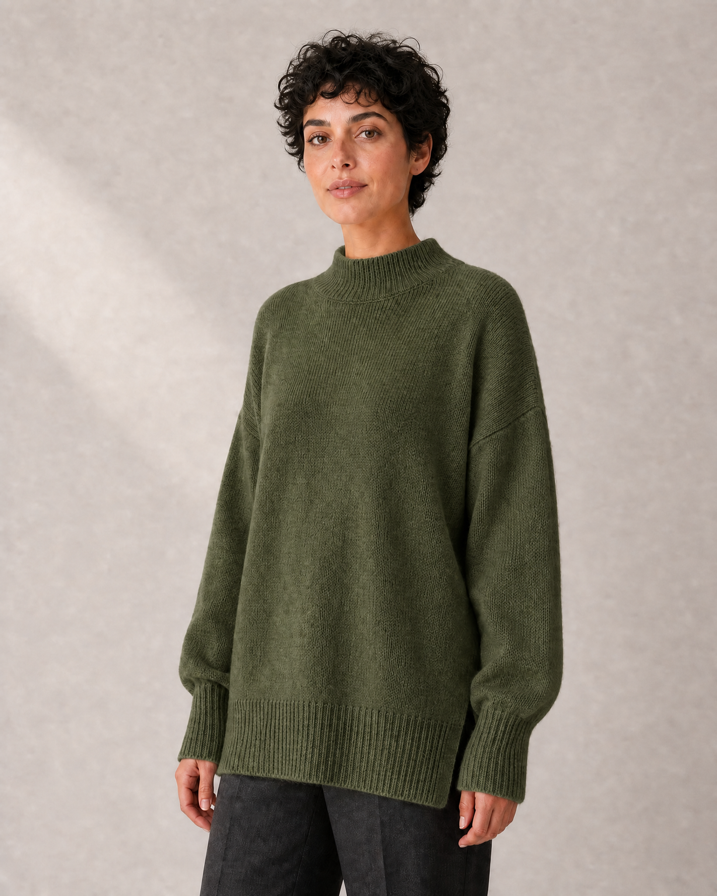 Women's Longline High-Neck Oversized Knit Sweater in Dark Green