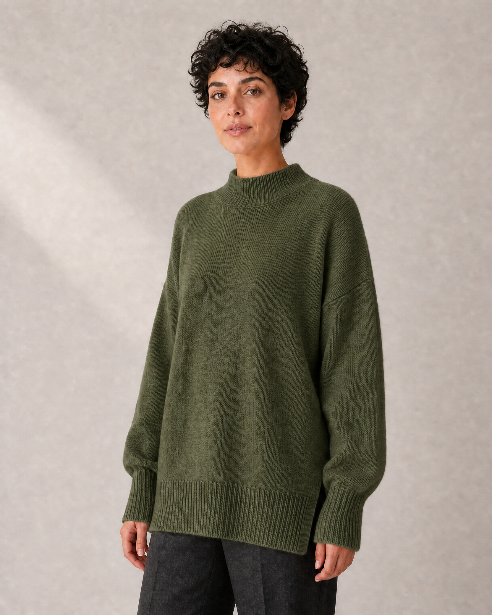 Women's Longline High-Neck Oversized Knit Sweater in Dark Green