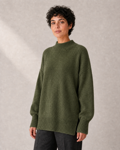 Women's Longline High-Neck Oversized Knit Sweater in Dark Green