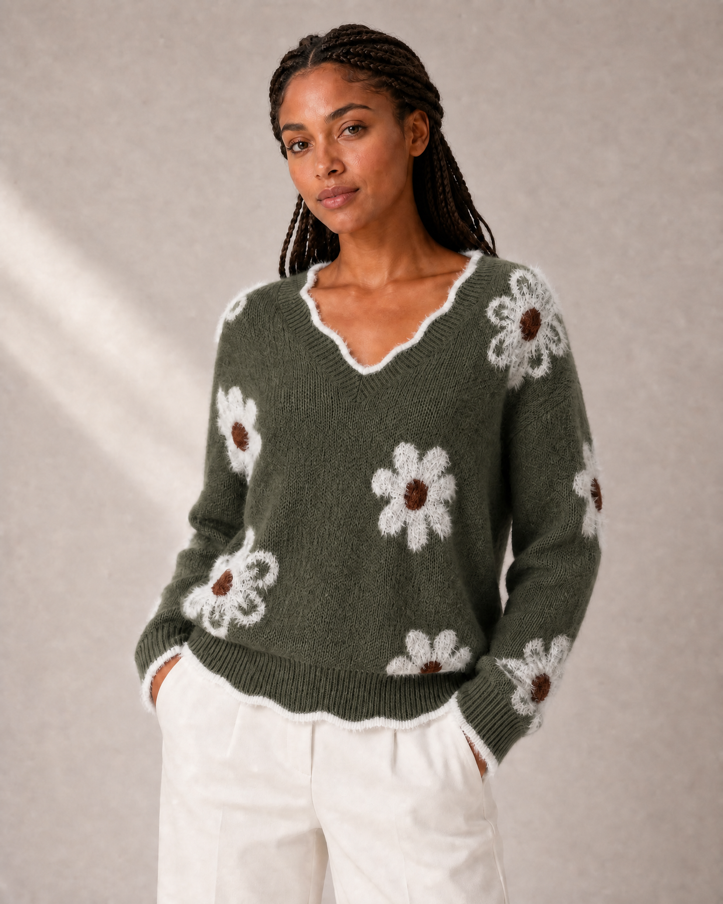 Women's Floral-Appliqué V-Neck Knit Sweater in Dark Green