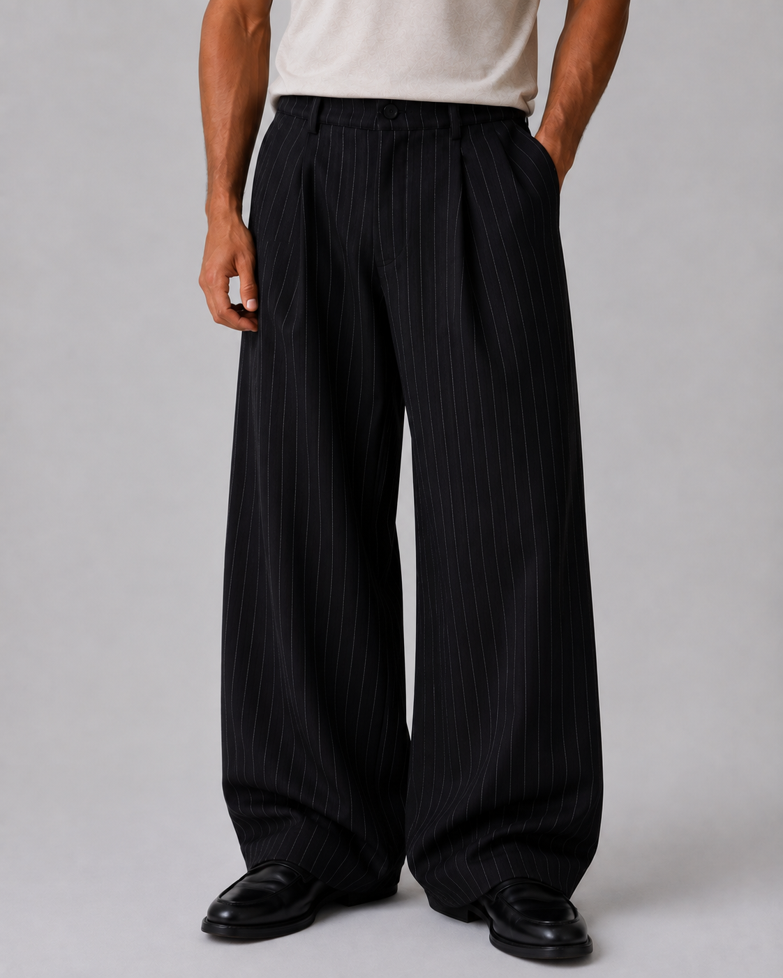 Men's Pinstripe Wide Leg Trousers Pleated Tailored Pants – Grey 3XL – product image 5
