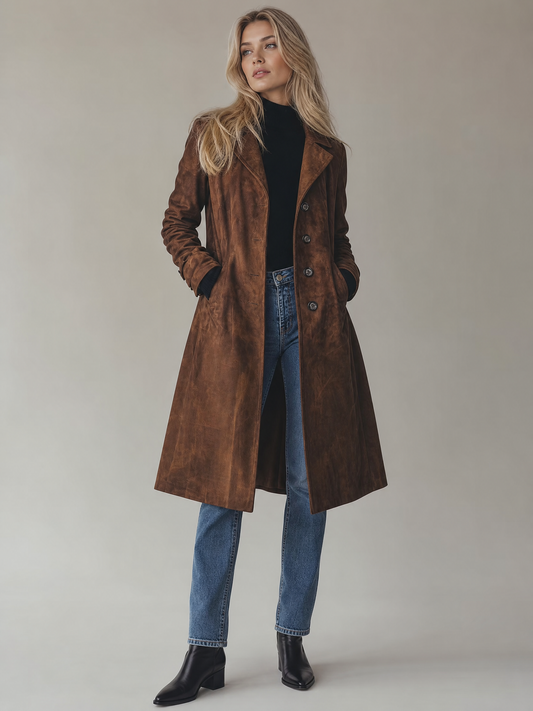 Women's Double-Breasted Longline Trench Coat in Brown