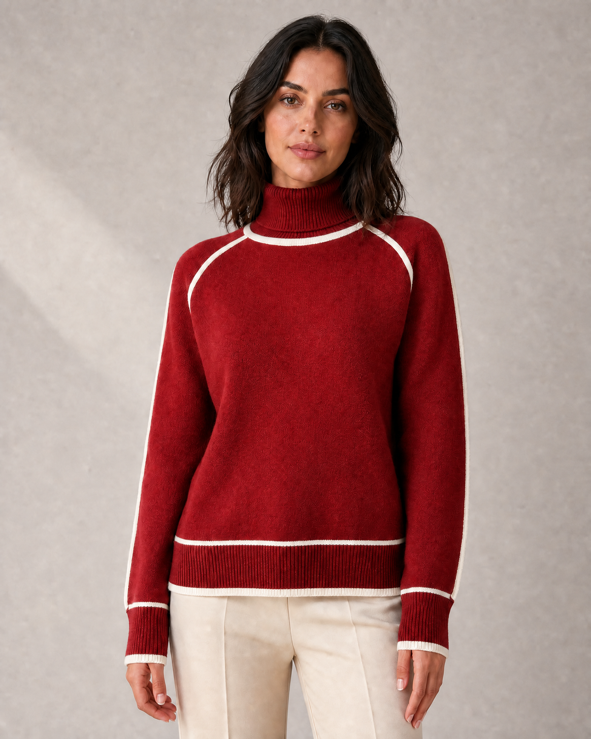 Women's Contrast-Piped Roll-Neck Knit Sweater in Red
