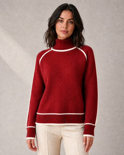 Women's Contrast-Piped Roll-Neck Knit Sweater in Red