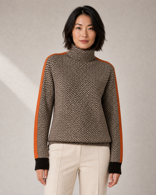 Women's Herringbone High-Neck Sweater with Sleeve Stripe in Orange