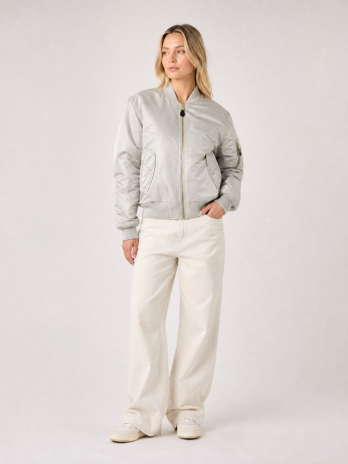Women's Zip-Front Ribbed Bomber Jacket in Light Gray