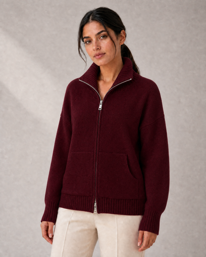 Women's Funnel-Neck Zip Knit Cardigan with Pockets in Burgundy